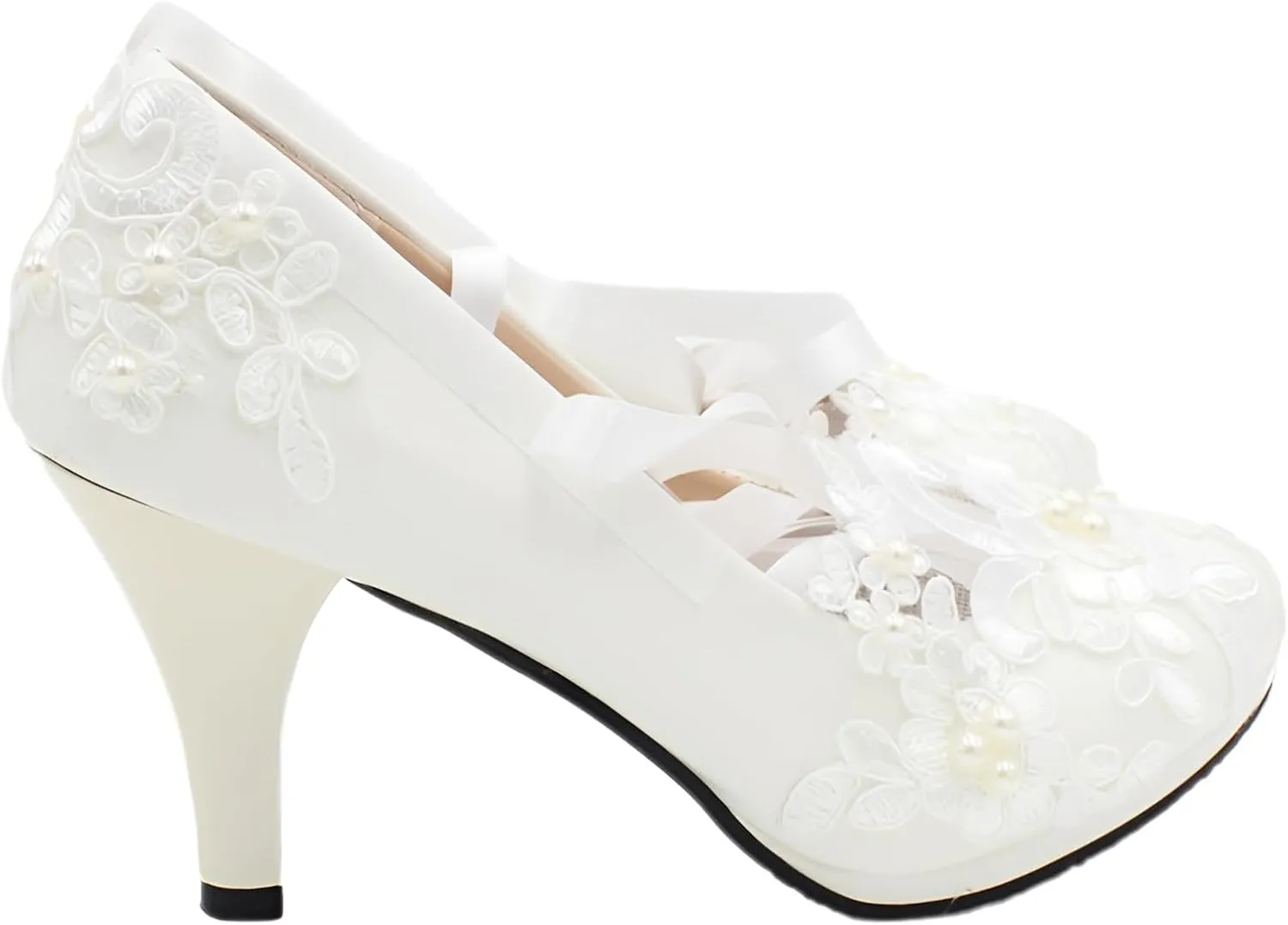 ANUFER Womens Elegant Lace Embroidery Flat/Heeled White Wedding Shoes Pumps with Pearls