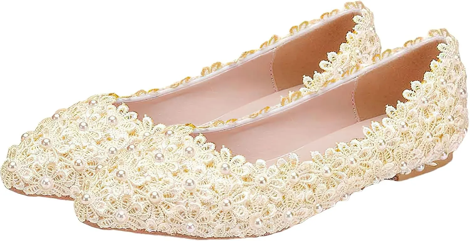 ANUFER Womens Elegant Pointed Toe Flower Lace Pearls Bridal Shoes Pumps Soft Sole Ballet Flats