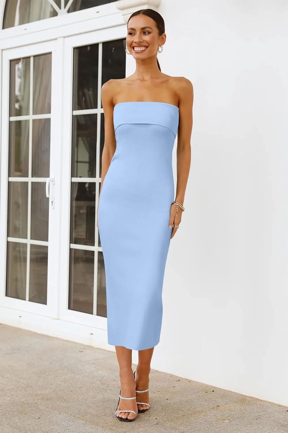 Arach&Cloz Women's Summer Mulberry Silk Blend Bodycon Strapless Back Slit Midi Dress Elegant Wedding Guest Party Dresses 2025