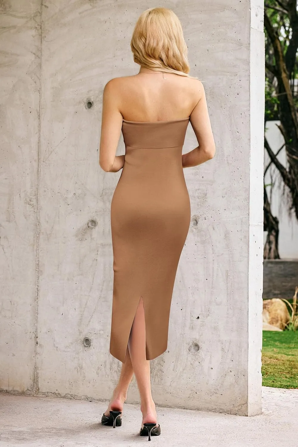 Arach&Cloz Women's Summer Mulberry Silk Blend Bodycon Strapless Back Slit Midi Dress Elegant Wedding Guest Party Dresses 2025