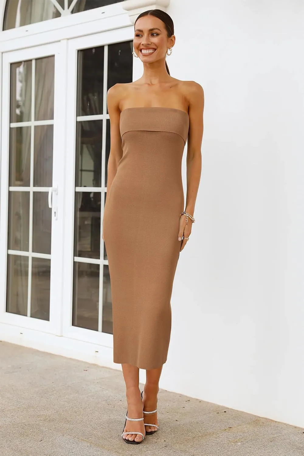 Arach&Cloz Women's Summer Mulberry Silk Blend Bodycon Strapless Back Slit Midi Dress Elegant Wedding Guest Party Dresses 2025