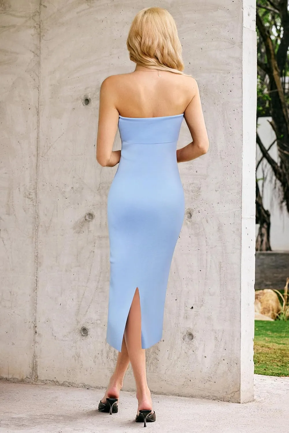Arach&Cloz Women's Summer Mulberry Silk Blend Bodycon Strapless Back Slit Midi Dress Elegant Wedding Guest Party Dresses 2025