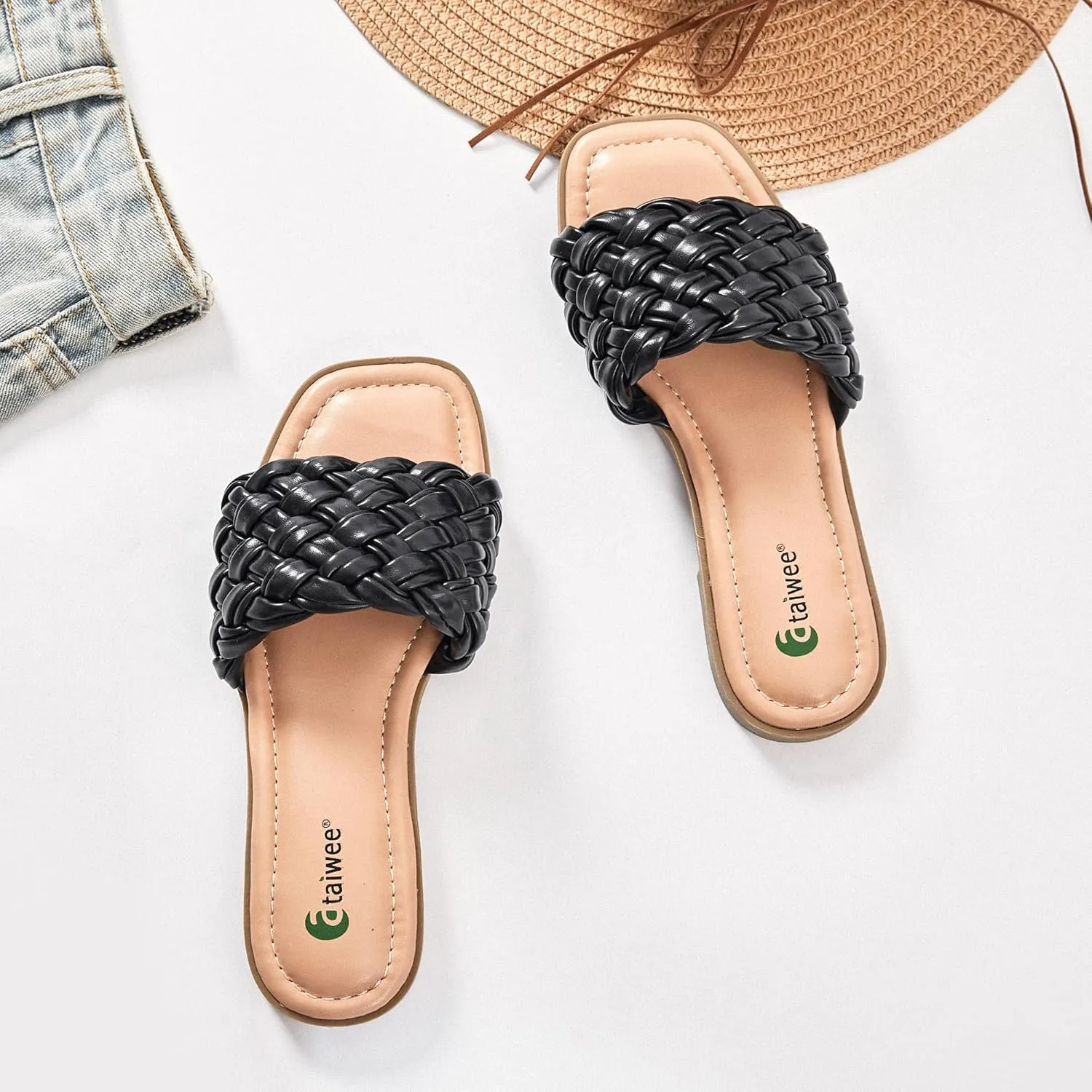 Ataiwee Women's Flat Slide Sandals - Fashionable Braided Elegant Cross Strap Flat Summer Sandals.