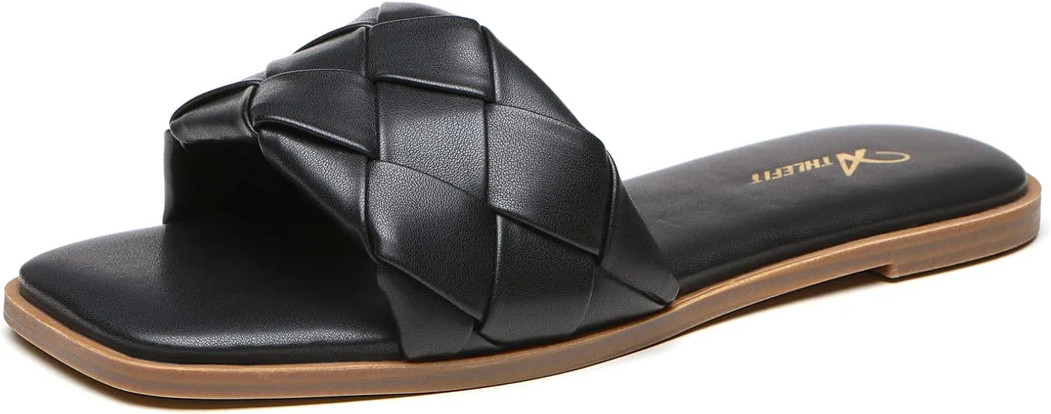 Athlefit Women's Braided Flat Sandals Square Open Toe Woven Slip On Slide Sandals