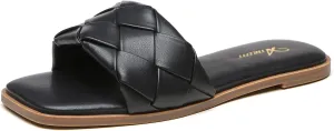 Athlefit Women's Braided Flat Sandals Square Open Toe Woven Slip On Slide Sandals