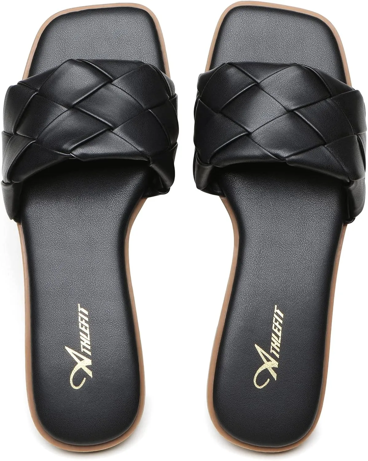 Athlefit Women's Braided Flat Sandals Square Open Toe Woven Slip On Slide Sandals