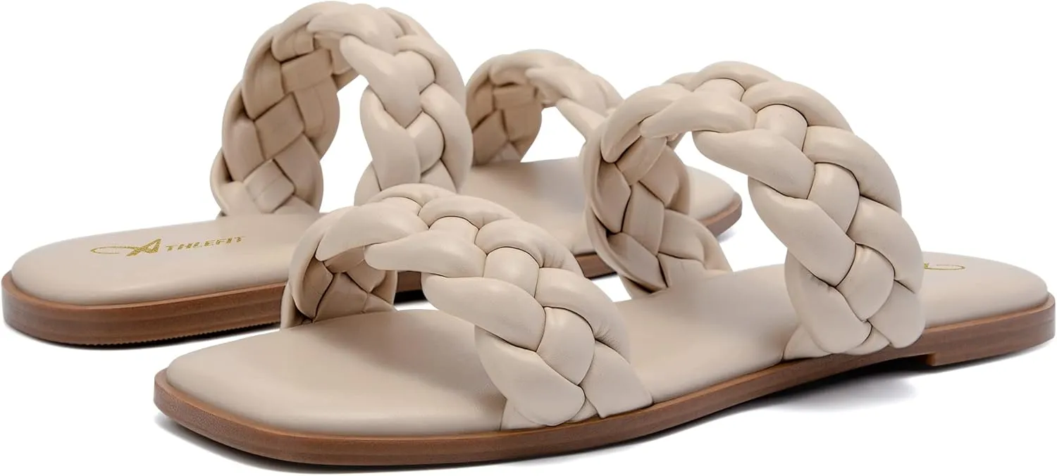 Athlefit Women's Square Open Toe Braided Sandals Slip On Low Block Heel Slide Sandals