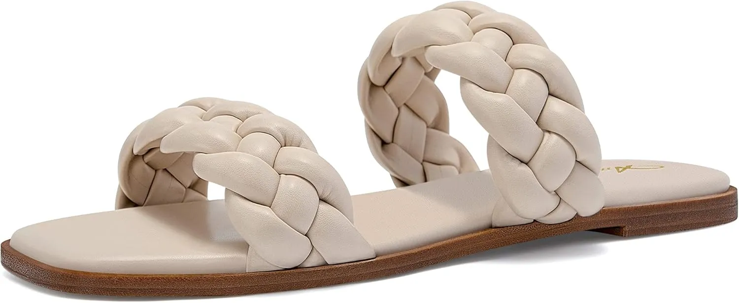 Athlefit Women's Square Open Toe Braided Sandals Slip On Low Block Heel Slide Sandals