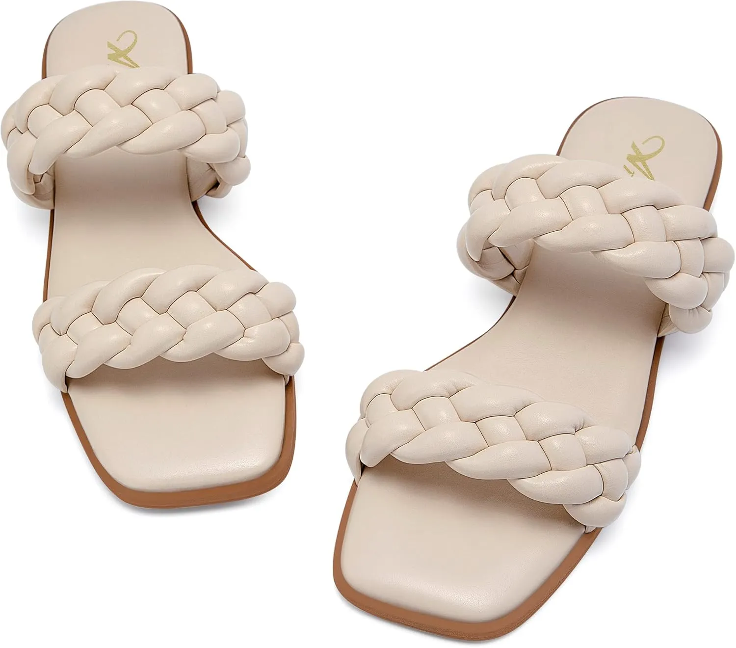 Athlefit Women's Square Open Toe Braided Sandals Slip On Low Block Heel Slide Sandals