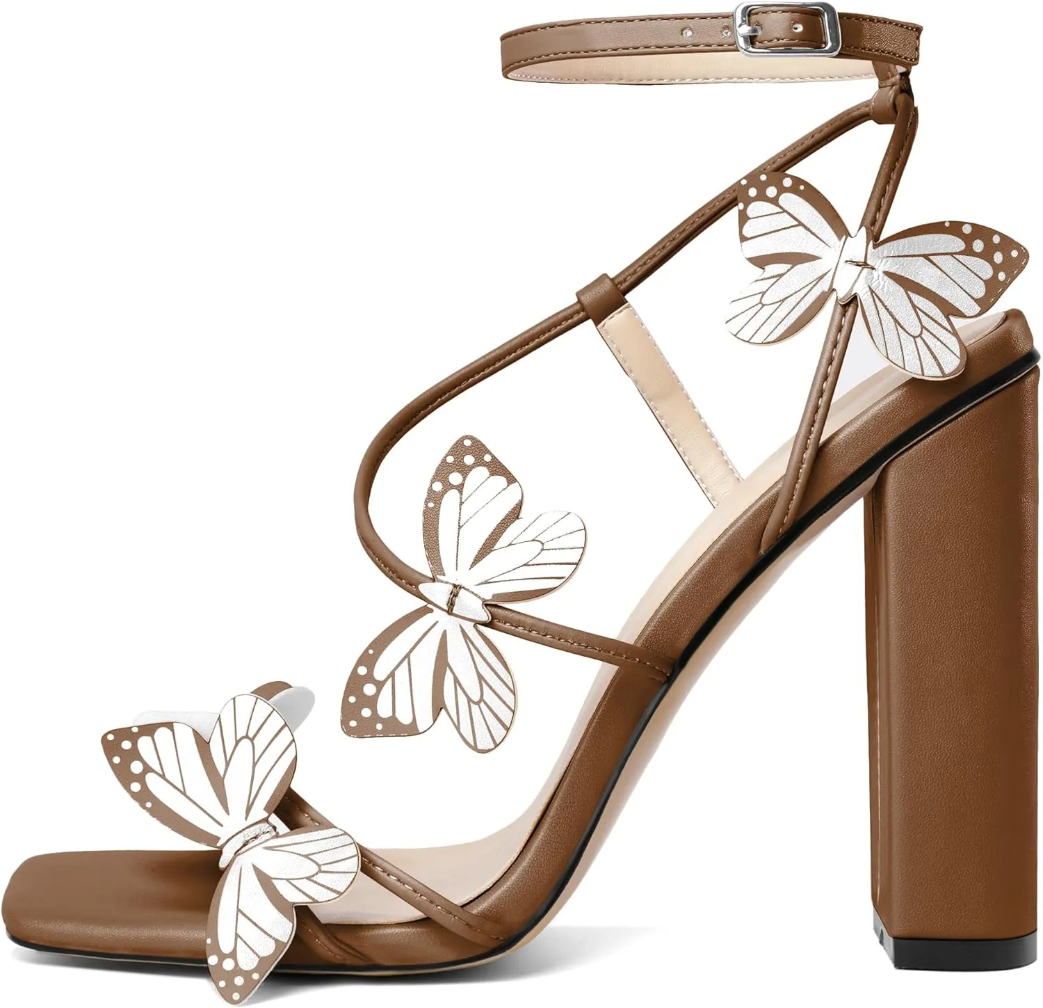 AUMOTED Womens Sandals Chunky Block High Heels Butterfly Wings Heeled Sandals Strappy Open Square Toe Summer Dress Shoes 4 Inch