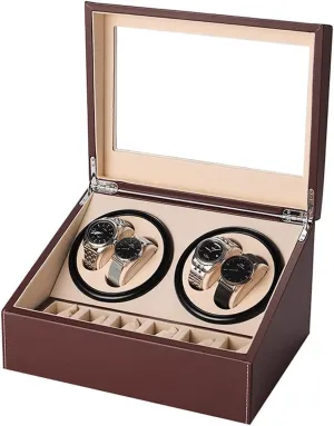 Automatic Watch Winder for 4 Watches with 6 Storage Slots, Quiet Motor, Leather Display Box, Brown
