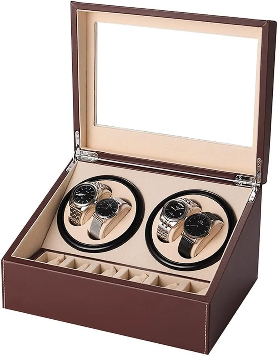Automatic Watch Winder for 4 Watches with 6 Storage Slots, Quiet Motor, Leather Display Box, Brown