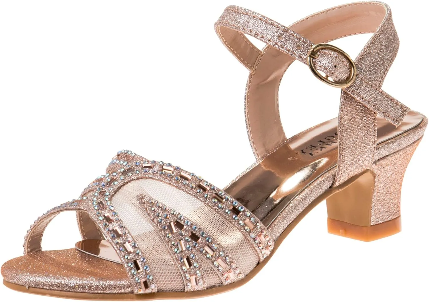 Badgley Mischka Girls Michelle Rhinestone Dress Pump Open toe Sandal - Gold/Rose/White/Silver (Little/Big kid)