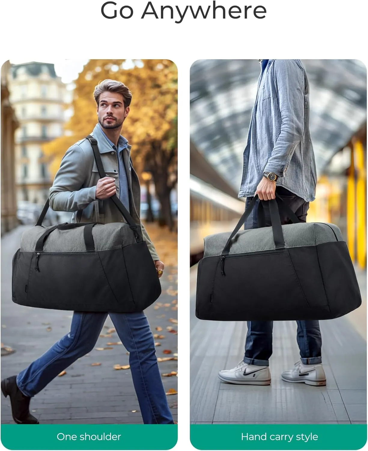 BAGSMART Foldable Travel Duffle Bag, Lightweight Weekender Duffel Bag With Shoe Compartment, Water Resistant Workout Duffle Sports Bag for Travel Yoga, Black