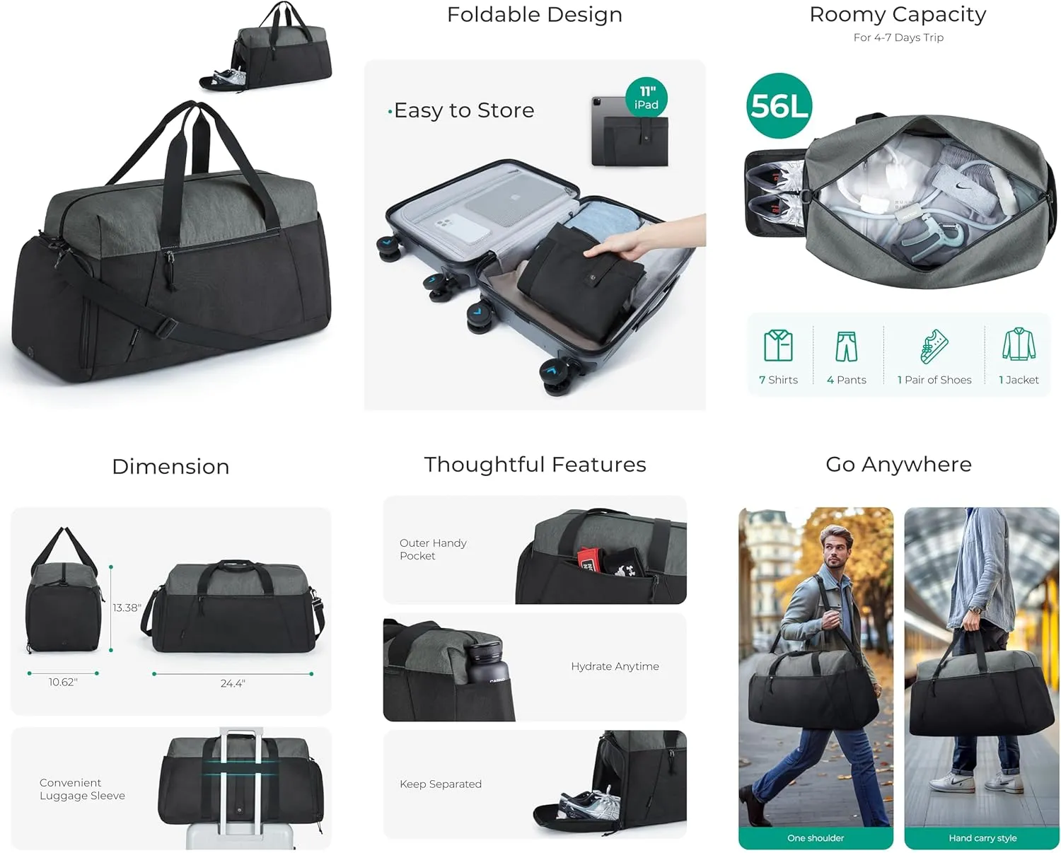 BAGSMART Foldable Travel Duffle Bag, Lightweight Weekender Duffel Bag With Shoe Compartment, Water Resistant Workout Duffle Sports Bag for Travel Yoga, Black