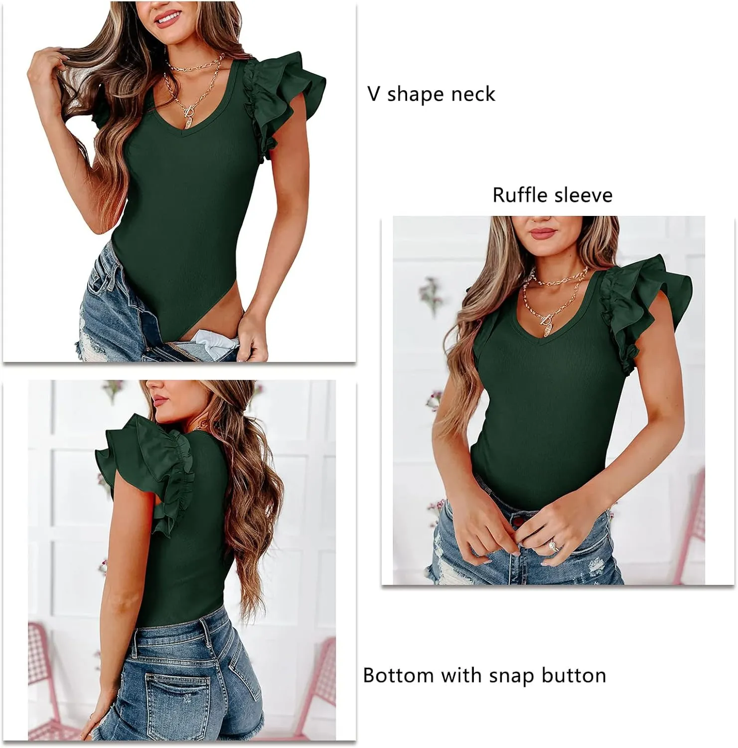 Basic Bobysuit, Stretchy Ruffle Sleeve Pure Color V Neck Women Bobysuit for Travel for Female