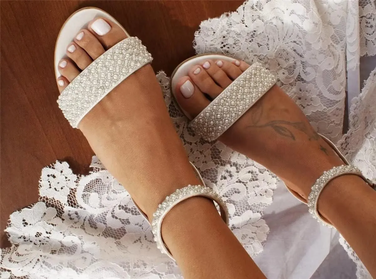 Beach Wedding Shoes for Bride Flat Bridal Sandals for Women
