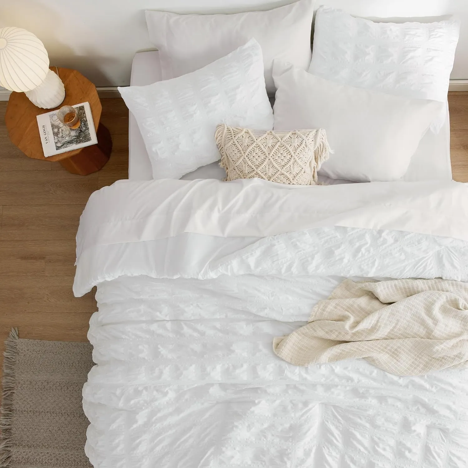 Bedsure Bed in a Bag King - 7 Pieces Plaid Seersucker Bedding Comforter Sets, Soft Lightweight White Boho Bed Set with Comforters King Size, Sheets, Pillowcases & Shams