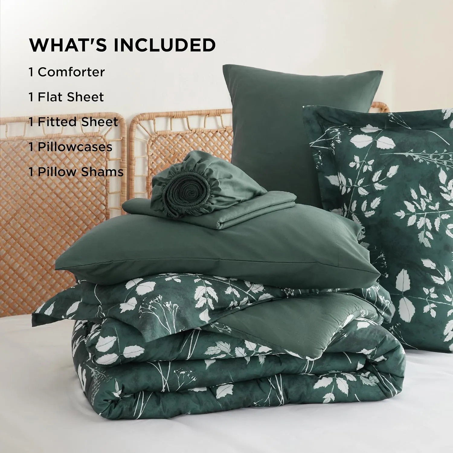 Bedsure Forest Green Twin XL Comforter Set - 5 Pieces Floral Bedding Sets Twin XL Bed in a Bag with Reversible Botanical Flowers Comforter, Sheets, Pillowcase & Sham