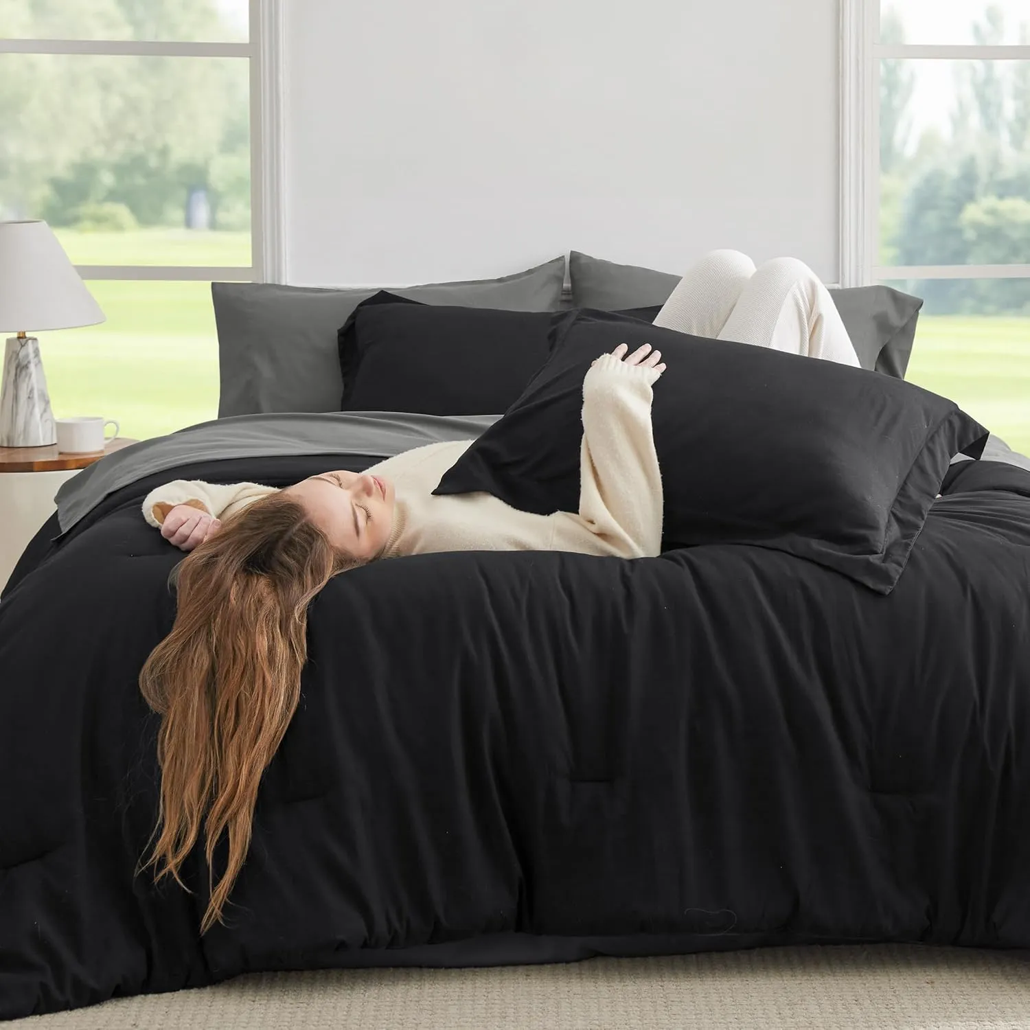 Bedsure Full Size Comforter Set - 7 Pieces Black Full Bedding Set for All Seasons, Boho Contrasting Design Bed in a Bag with Comforter, Sheets, Pillowcases & Shams