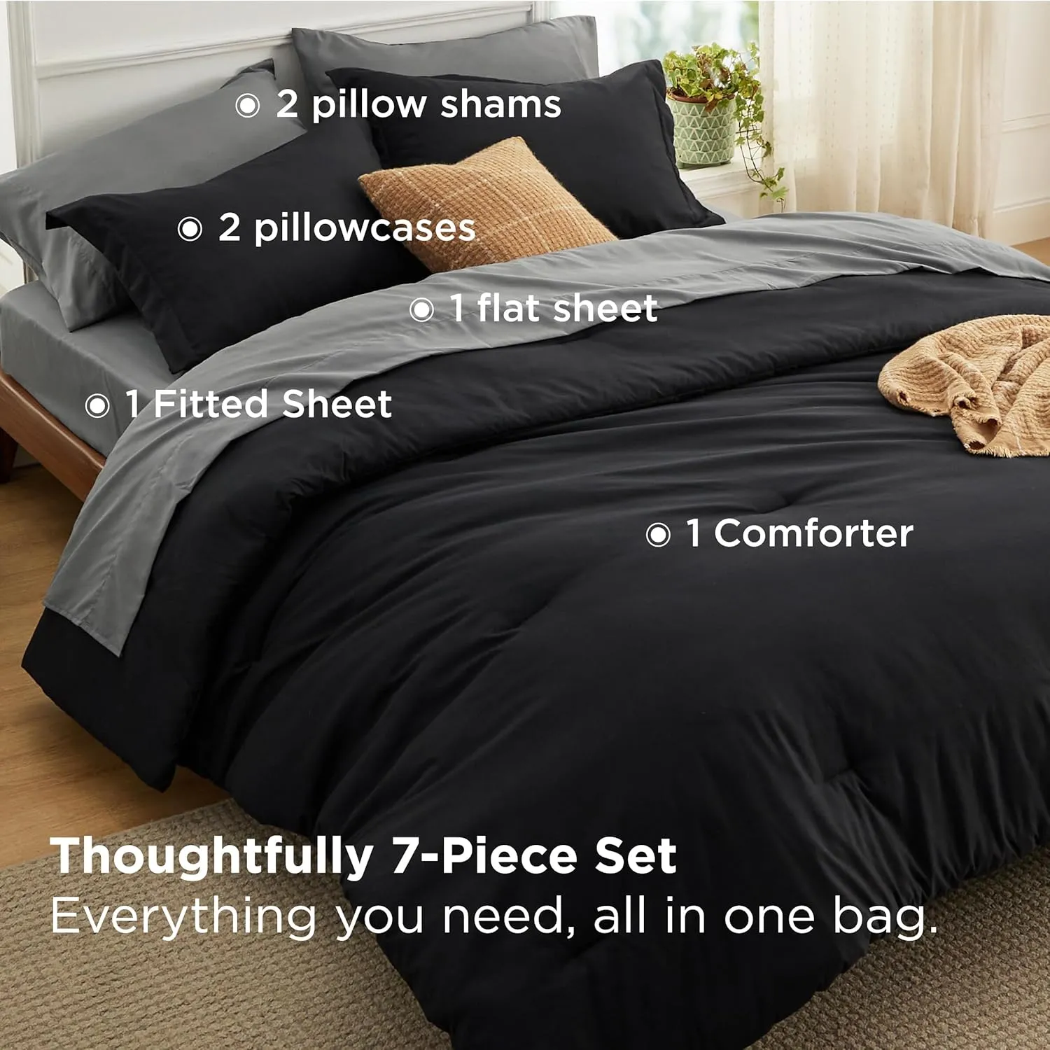 Bedsure Full Size Comforter Set - 7 Pieces Black Full Bedding Set for All Seasons, Boho Contrasting Design Bed in a Bag with Comforter, Sheets, Pillowcases & Shams