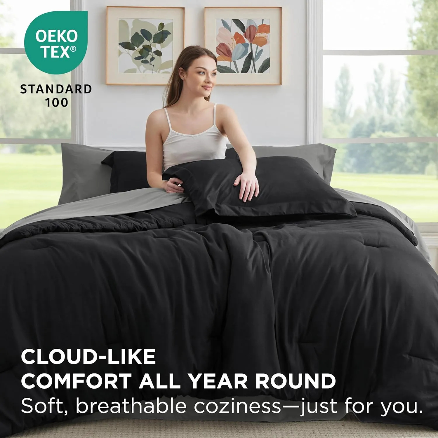 Bedsure Full Size Comforter Set - 7 Pieces Black Full Bedding Set for All Seasons, Boho Contrasting Design Bed in a Bag with Comforter, Sheets, Pillowcases & Shams