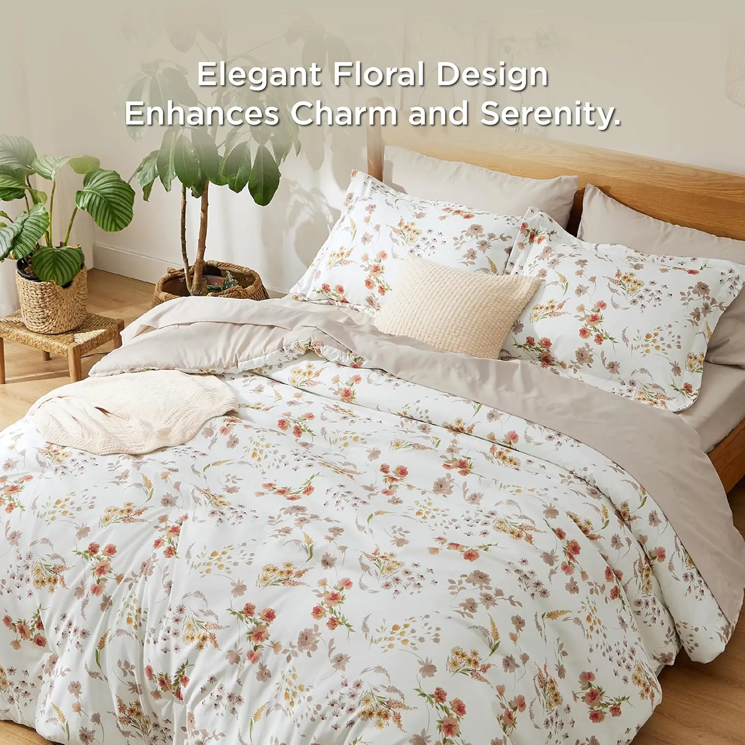 Bedsure King Comforter Sets - 7 Pieces Floral White Bed Set, Tree Branch Pattern Printed Bed in a Bag King with Comforter, Sheets, Pillowcases & Shams