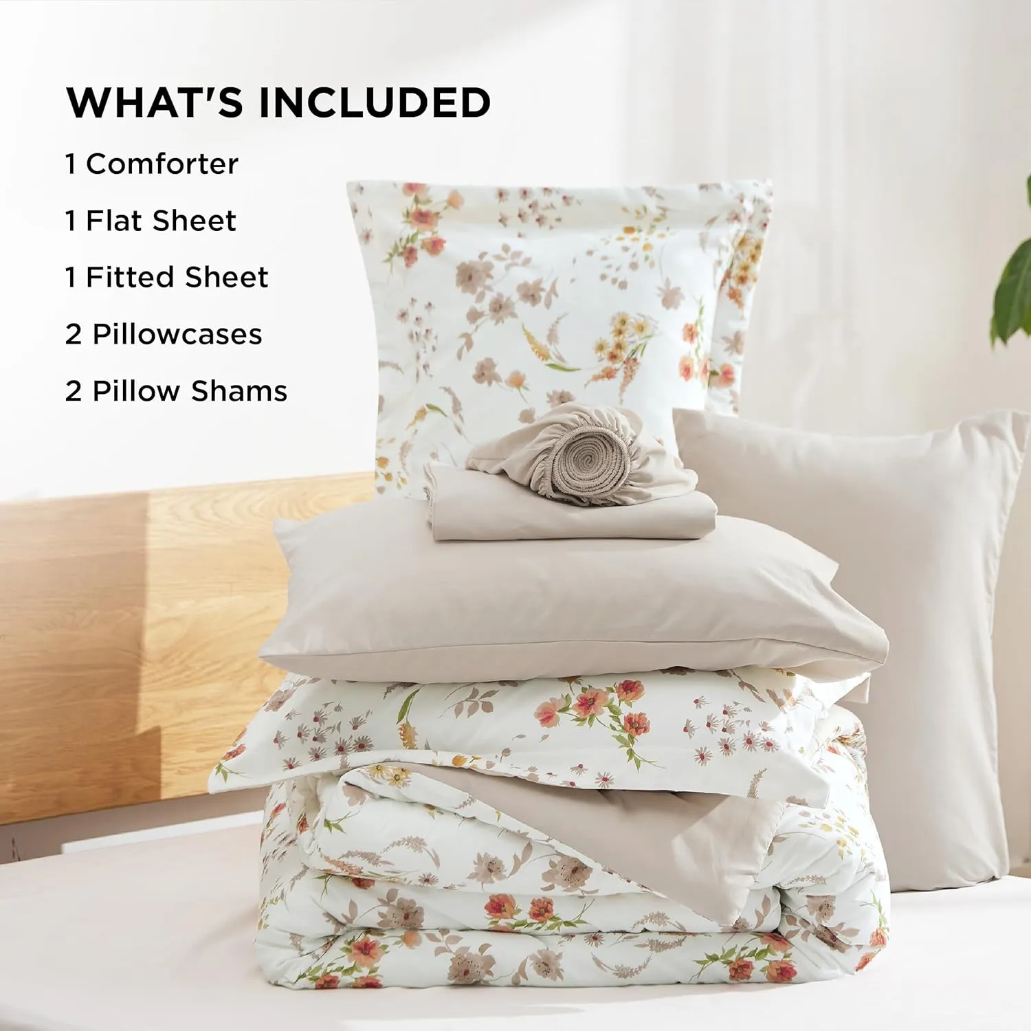 Bedsure King Comforter Sets - 7 Pieces Floral White Bed Set, Tree Branch Pattern Printed Bed in a Bag King with Comforter, Sheets, Pillowcases & Shams