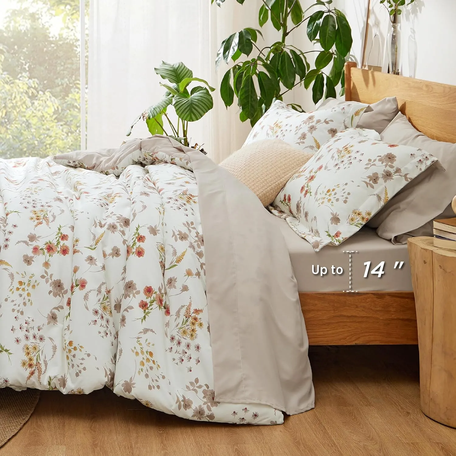 Bedsure King Comforter Sets - 7 Pieces Floral White Bed Set, Tree Branch Pattern Printed Bed in a Bag King with Comforter, Sheets, Pillowcases & Shams