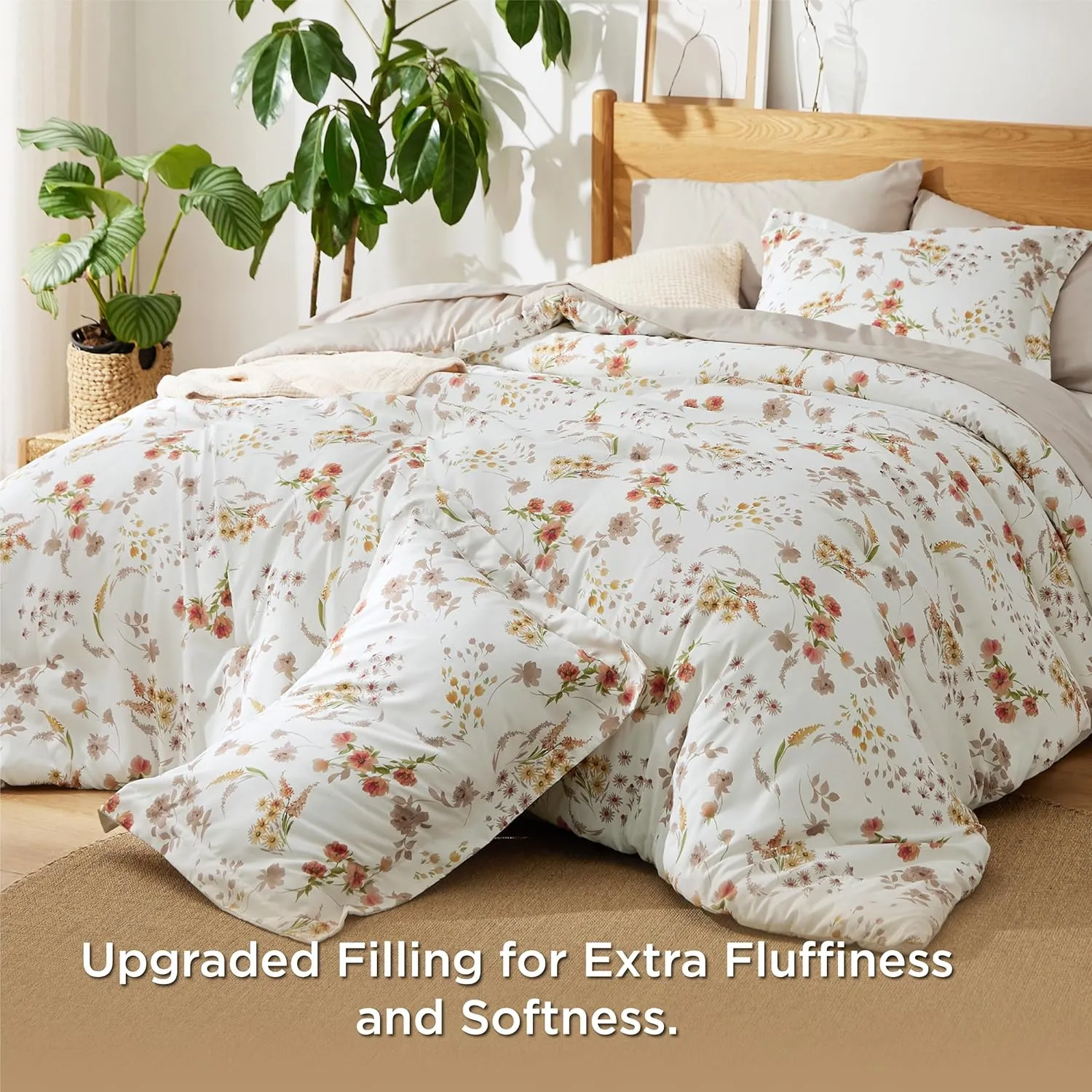 Bedsure King Comforter Sets - 7 Pieces Floral White Bed Set, Tree Branch Pattern Printed Bed in a Bag King with Comforter, Sheets, Pillowcases & Shams