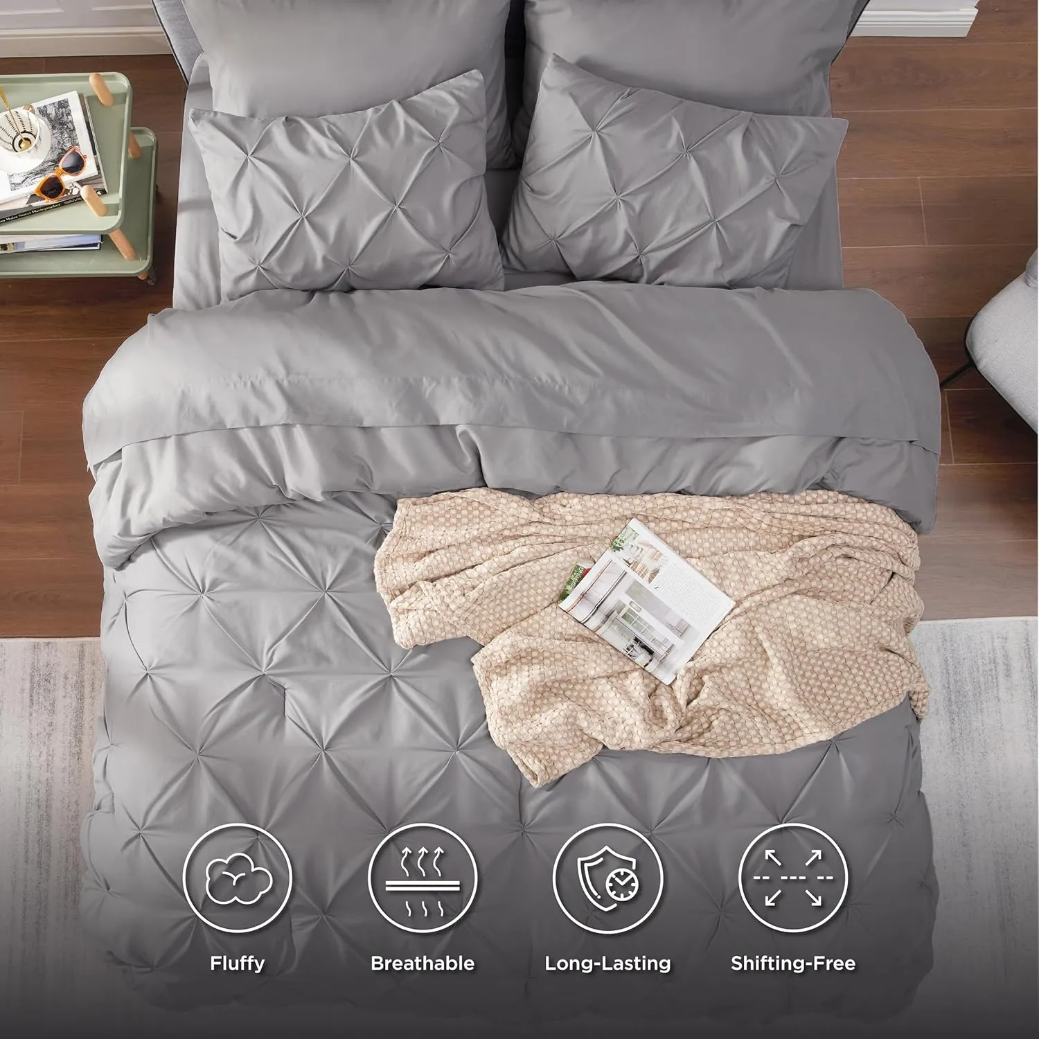 Bedsure King Size Comforter Set - Bedding Sets King 7 Pieces, Pintuck Bed in a Bag Grey Bed Set with Comforter, Sheets, Pillowcases & Shams