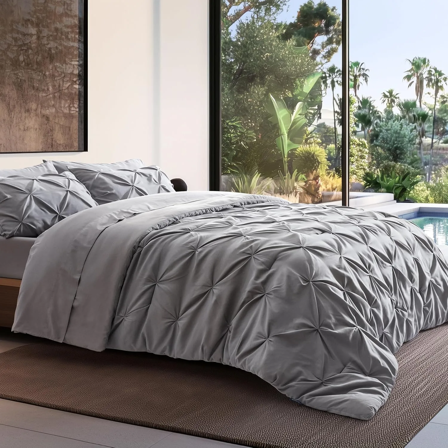 Bedsure King Size Comforter Set - Bedding Sets King 7 Pieces, Pintuck Bed in a Bag Grey Bed Set with Comforter, Sheets, Pillowcases & Shams
