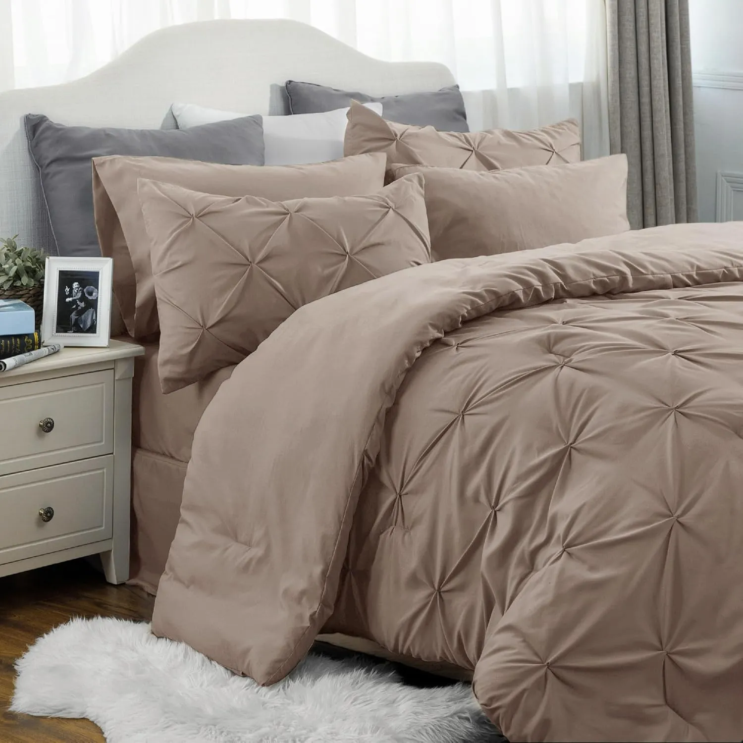 Bedsure King Size Comforter Set Khaki - Bed in a Bag King Size 7 Pieces, GentleSoft™ Pintuck Bed Set Gift for Family, Pinch Pleat Khaki Comforter with Sheets, Pillowcases & Shams