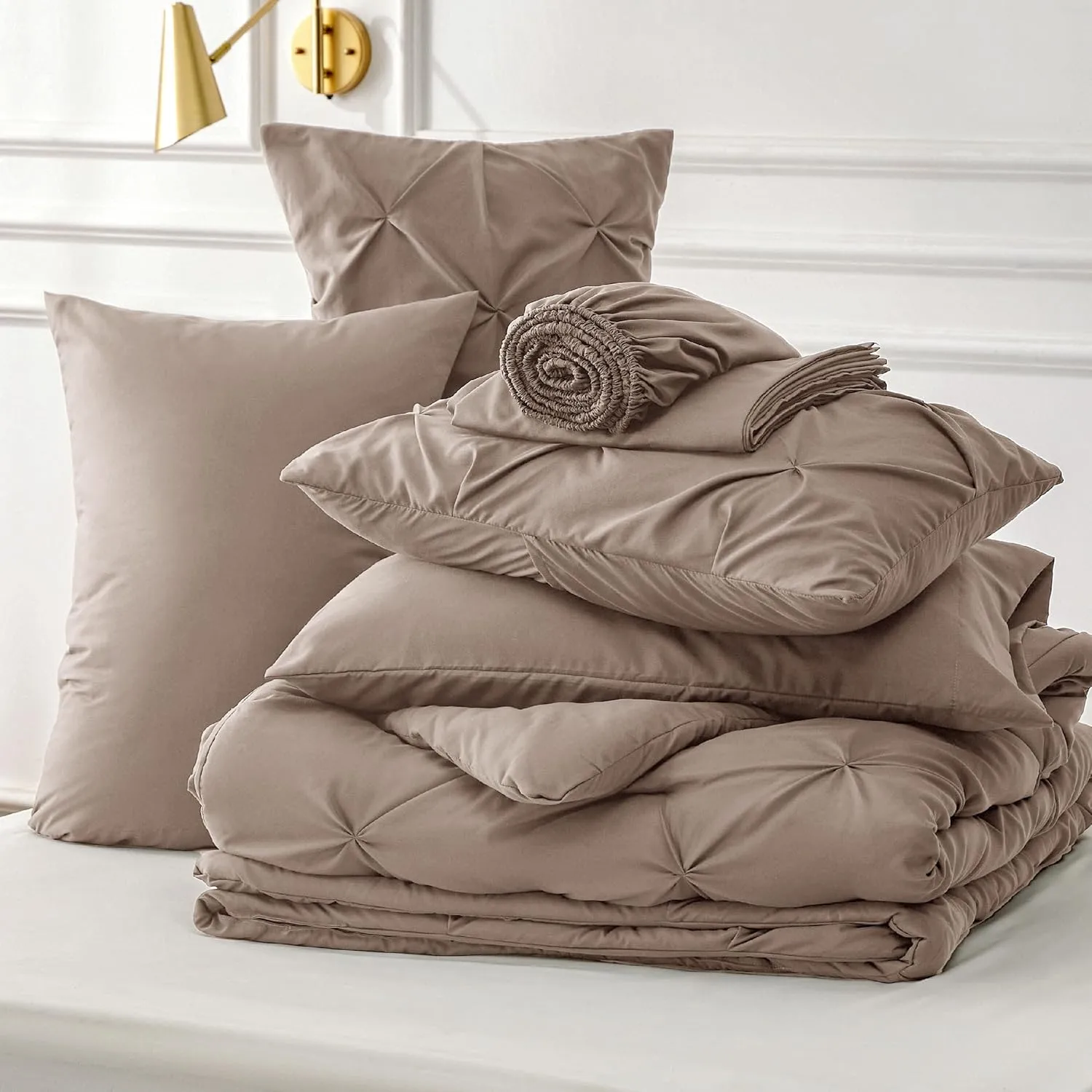 Bedsure King Size Comforter Set Khaki - Bed in a Bag King Size 7 Pieces, GentleSoft™ Pintuck Bed Set Gift for Family, Pinch Pleat Khaki Comforter with Sheets, Pillowcases & Shams