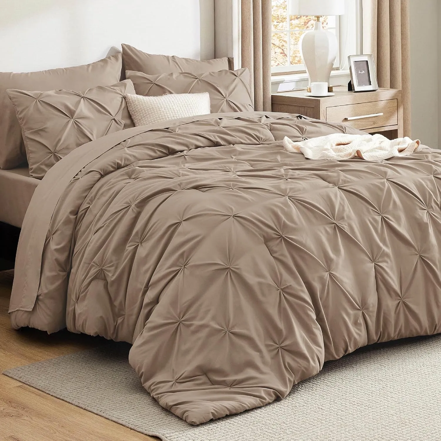 Bedsure King Size Comforter Set Khaki - Bed in a Bag King Size 7 Pieces, GentleSoft™ Pintuck Bed Set Gift for Family, Pinch Pleat Khaki Comforter with Sheets, Pillowcases & Shams