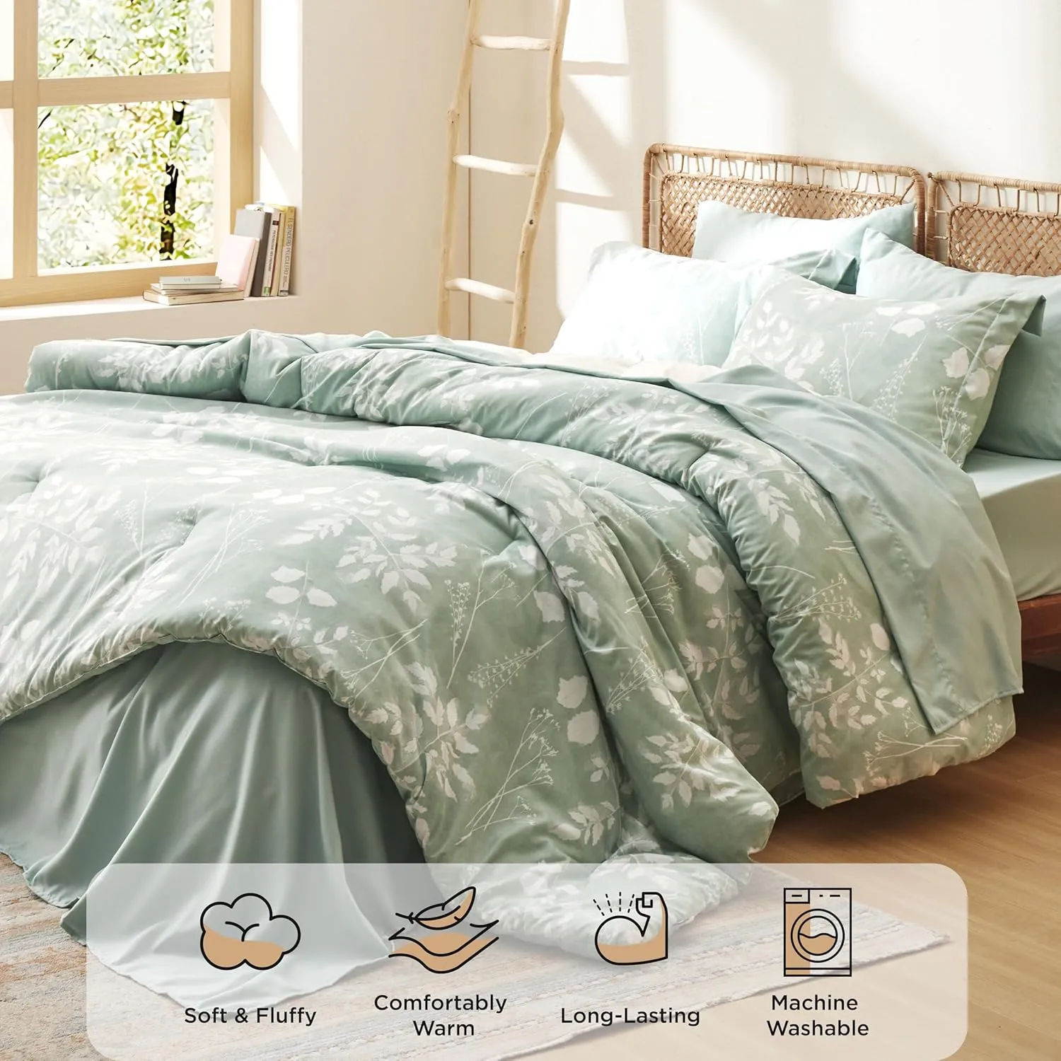 Bedsure Queen Comforter Set - 7 Pieces Floral Sage Green Soft Bedding Sets, Queen Bed in a Bag with Botanical Flowers Comforter, Sheets, Pillowcases & Shams