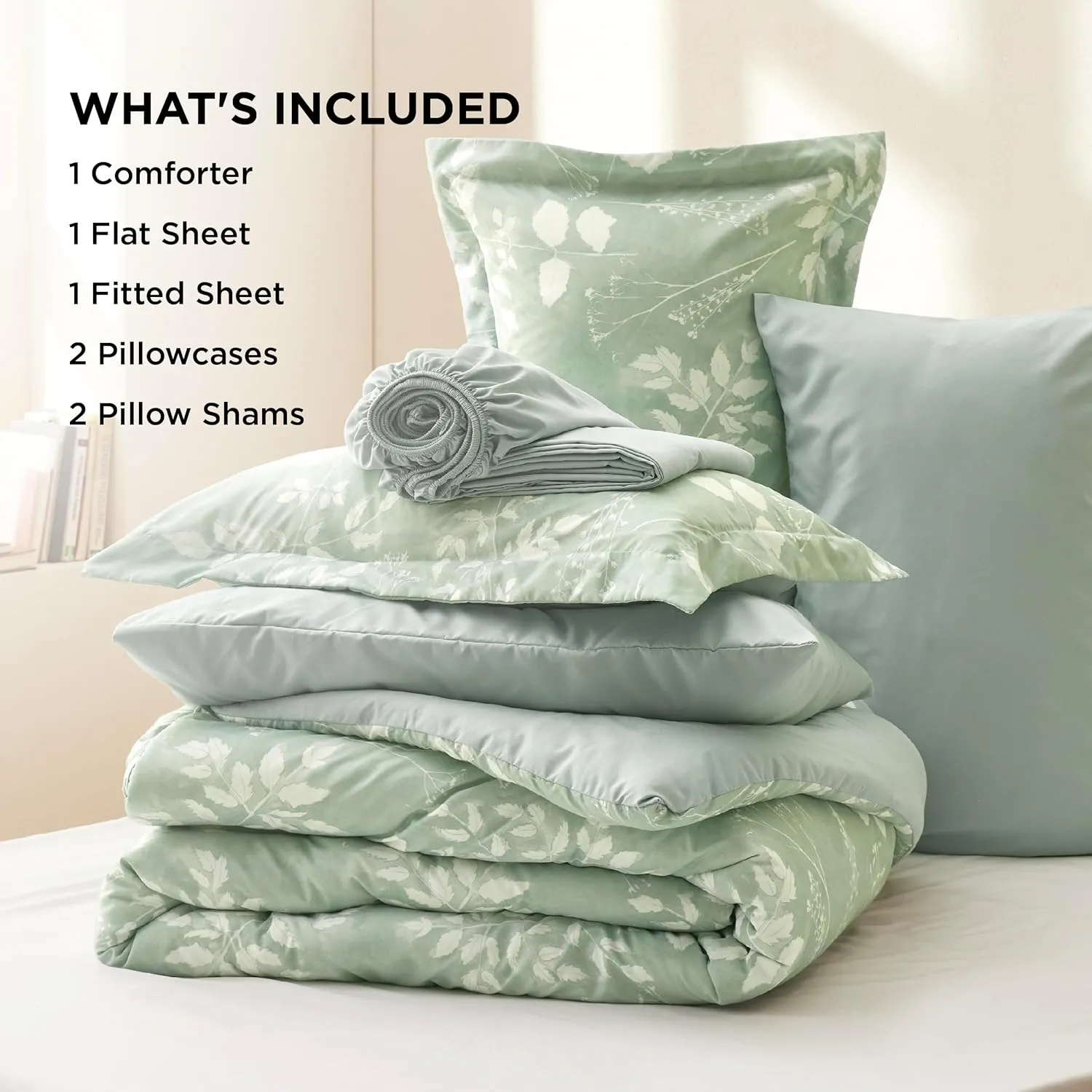 Bedsure Queen Comforter Set - 7 Pieces Floral Sage Green Soft Bedding Sets, Queen Bed in a Bag with Botanical Flowers Comforter, Sheets, Pillowcases & Shams