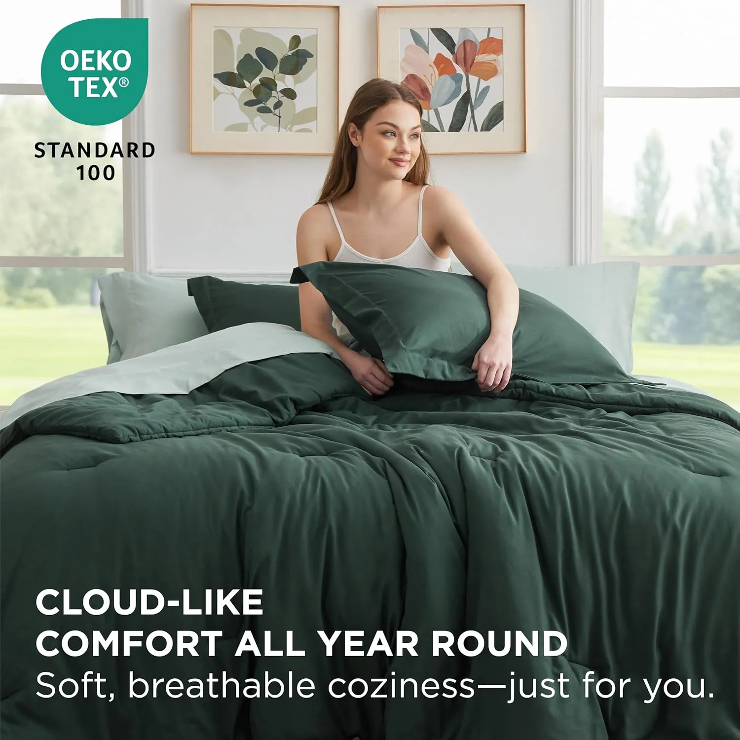 Bedsure Queen Comforter Set - 7 Pieces Forest Green Queen Bedding Set for All Seasons, Boho Contrasting Design Bed in a Bag with Comforter, Sheets, Pillowcases & Shams