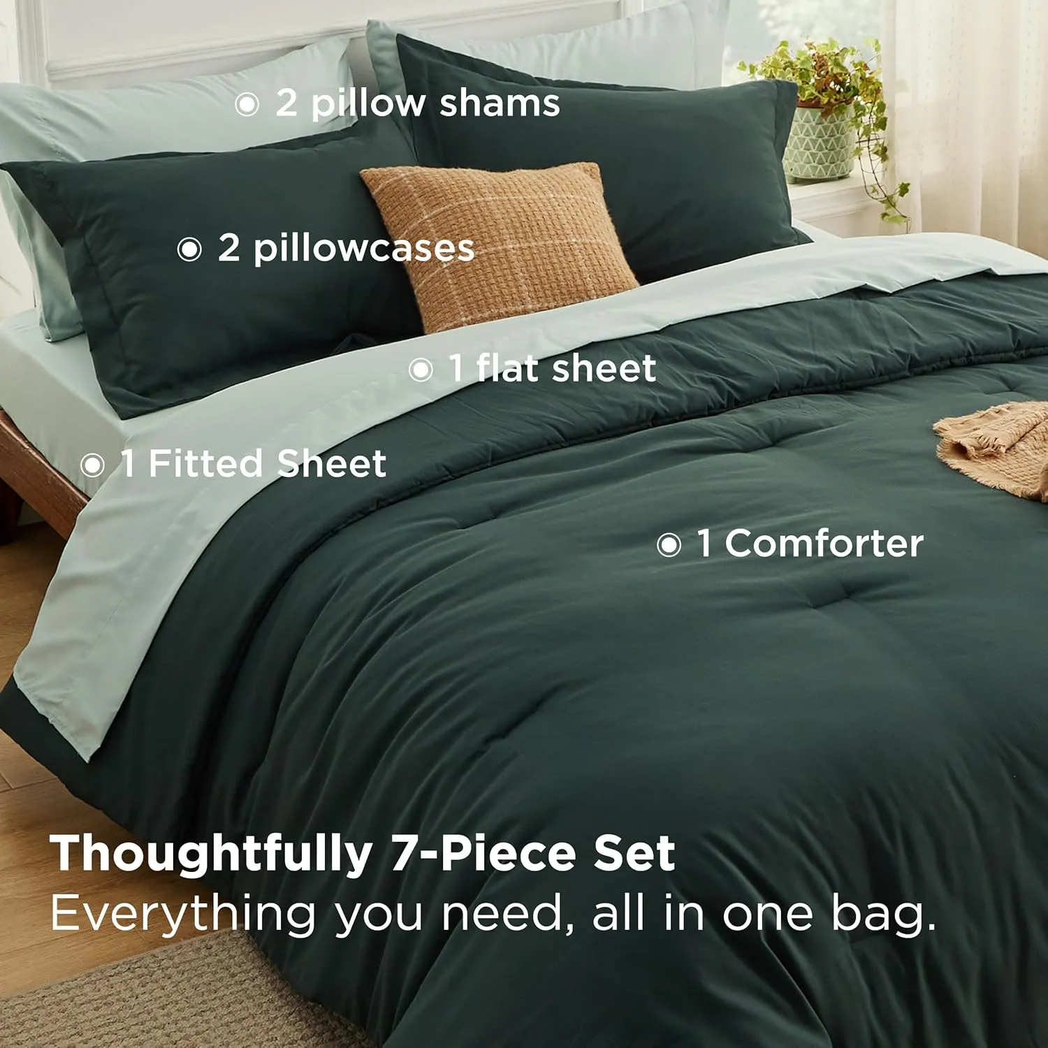 Bedsure Queen Comforter Set - 7 Pieces Forest Green Queen Bedding Set for All Seasons, Boho Contrasting Design Bed in a Bag with Comforter, Sheets, Pillowcases & Shams