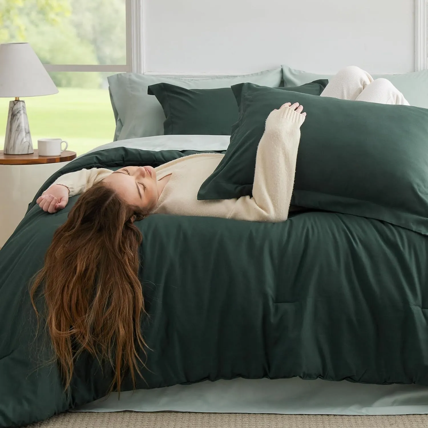 Bedsure Queen Comforter Set - 7 Pieces Forest Green Queen Bedding Set for All Seasons, Boho Contrasting Design Bed in a Bag with Comforter, Sheets, Pillowcases & Shams