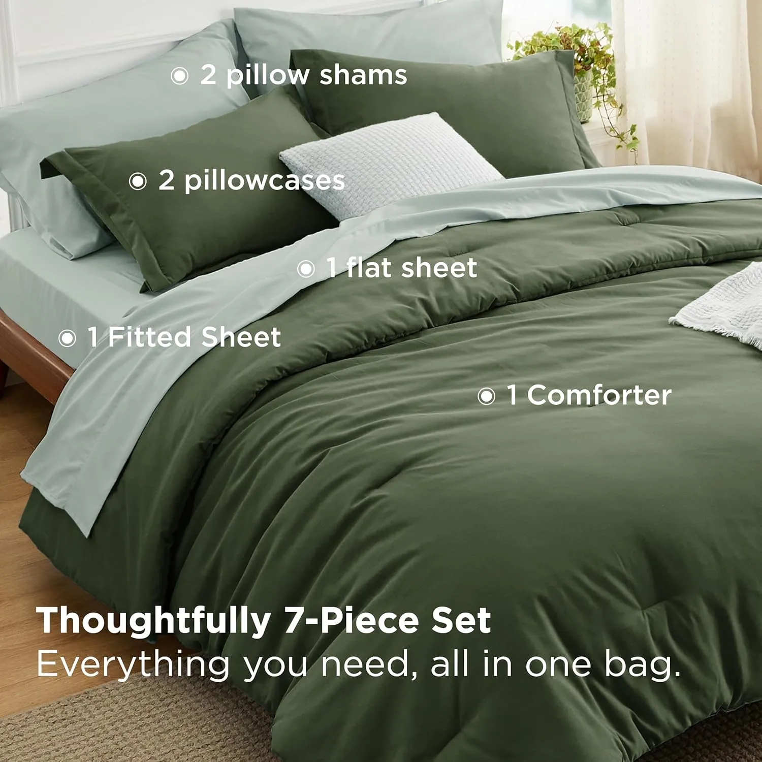 Bedsure Queen Comforter Set - 7 Pieces Olive Green Queen Bedding Set for All Seasons, Boho Contrasting Design Bed in a Bag with Comforter, Sheets, Pillowcases & Shams