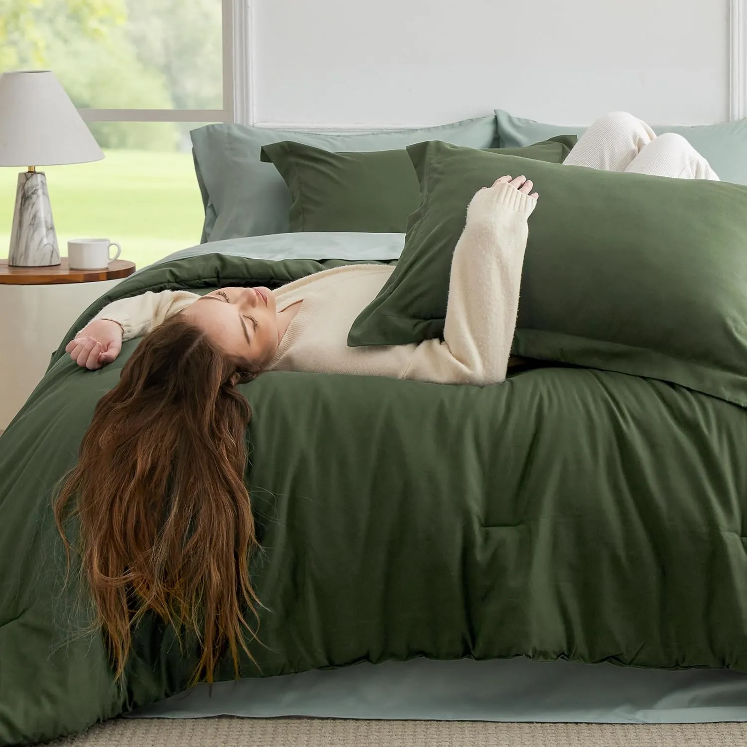 Bedsure Queen Comforter Set - 7 Pieces Olive Green Queen Bedding Set for All Seasons, Boho Contrasting Design Bed in a Bag with Comforter, Sheets, Pillowcases & Shams