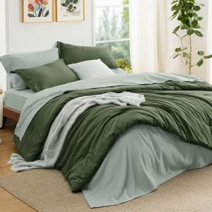 Bedsure Queen Comforter Set - 7 Pieces Olive Green Queen Bedding Set for All Seasons, Boho Contrasting Design Bed in a Bag with Comforter, Sheets, Pillowcases & Shams