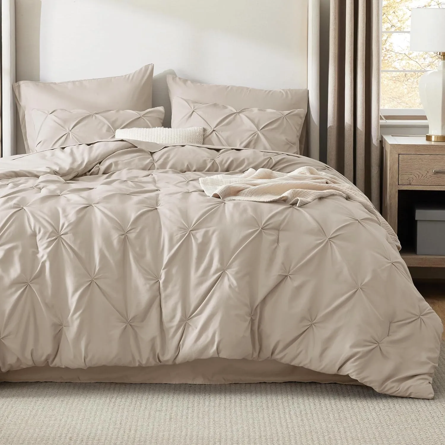 Bedsure Queen Comforter Set Beige - Bed in a Bag Queen Size 7 Pieces, GentleSoft™ Pintuck Bed Set Gift for Family, Pinch Pleat Beige Comforter with Sheets, Pillowcases & Shams
