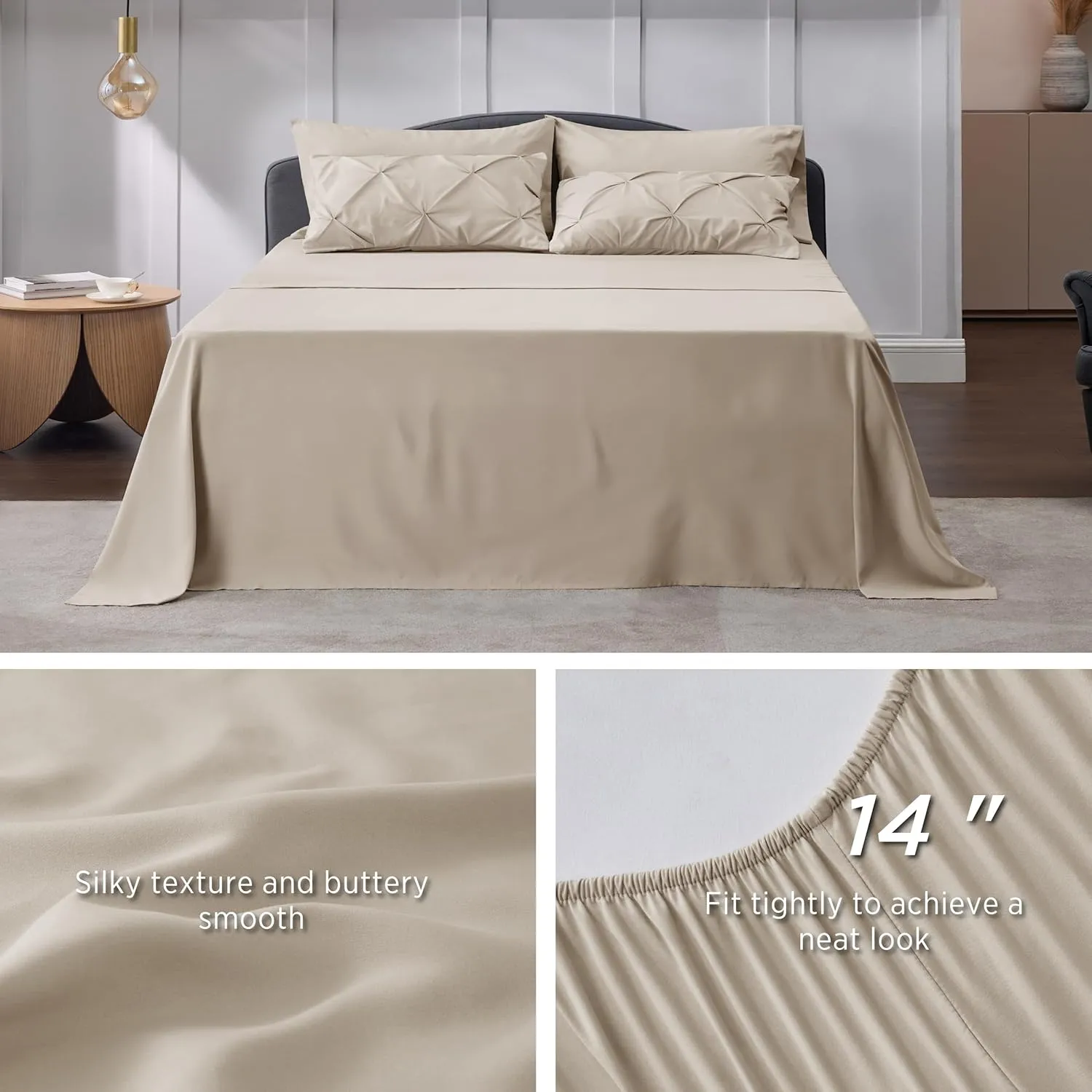 Bedsure Queen Comforter Set Beige - Bed in a Bag Queen Size 7 Pieces, GentleSoft™ Pintuck Bed Set Gift for Family, Pinch Pleat Beige Comforter with Sheets, Pillowcases & Shams