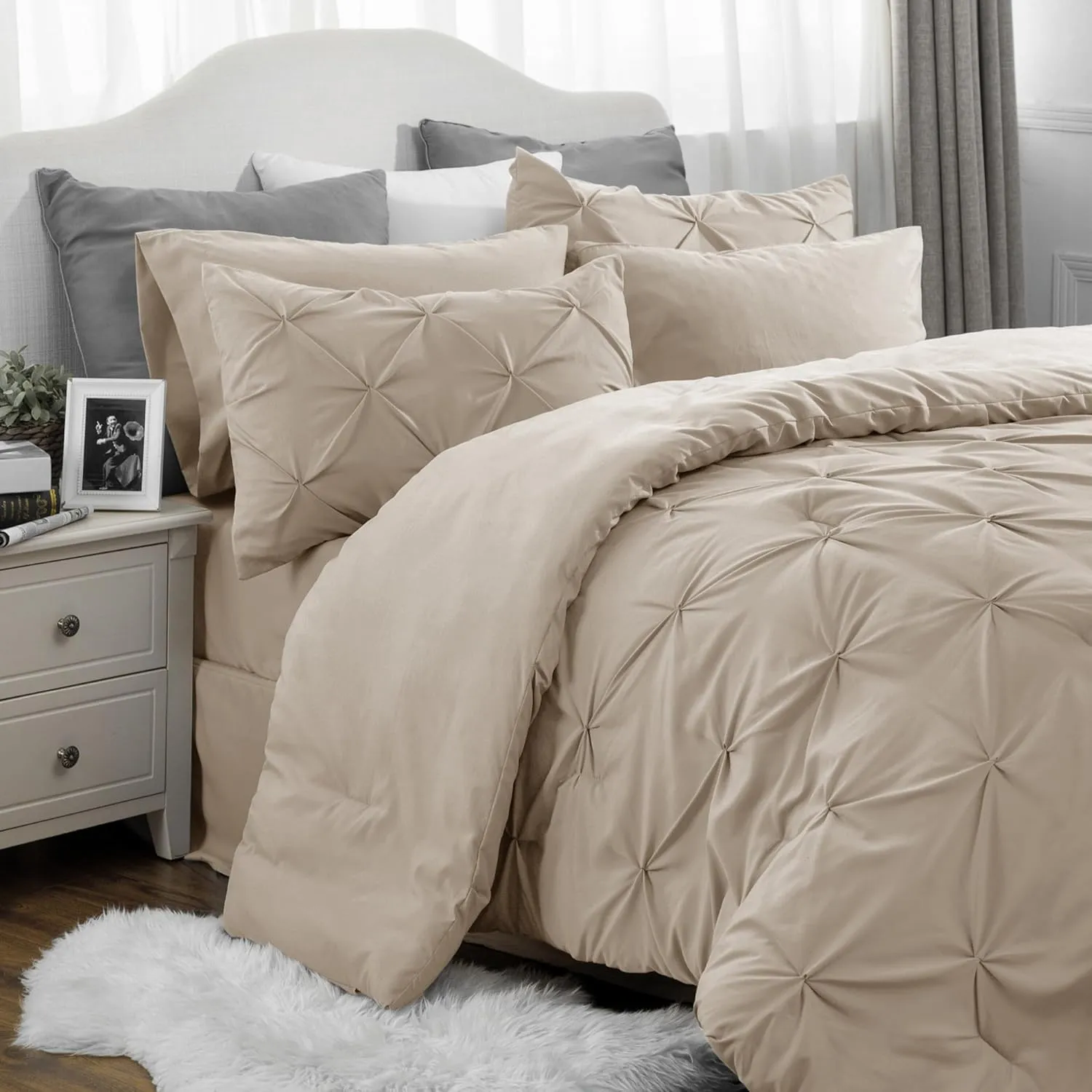 Bedsure Queen Comforter Set Beige - Bed in a Bag Queen Size 7 Pieces, GentleSoft™ Pintuck Bed Set Gift for Family, Pinch Pleat Beige Comforter with Sheets, Pillowcases & Shams
