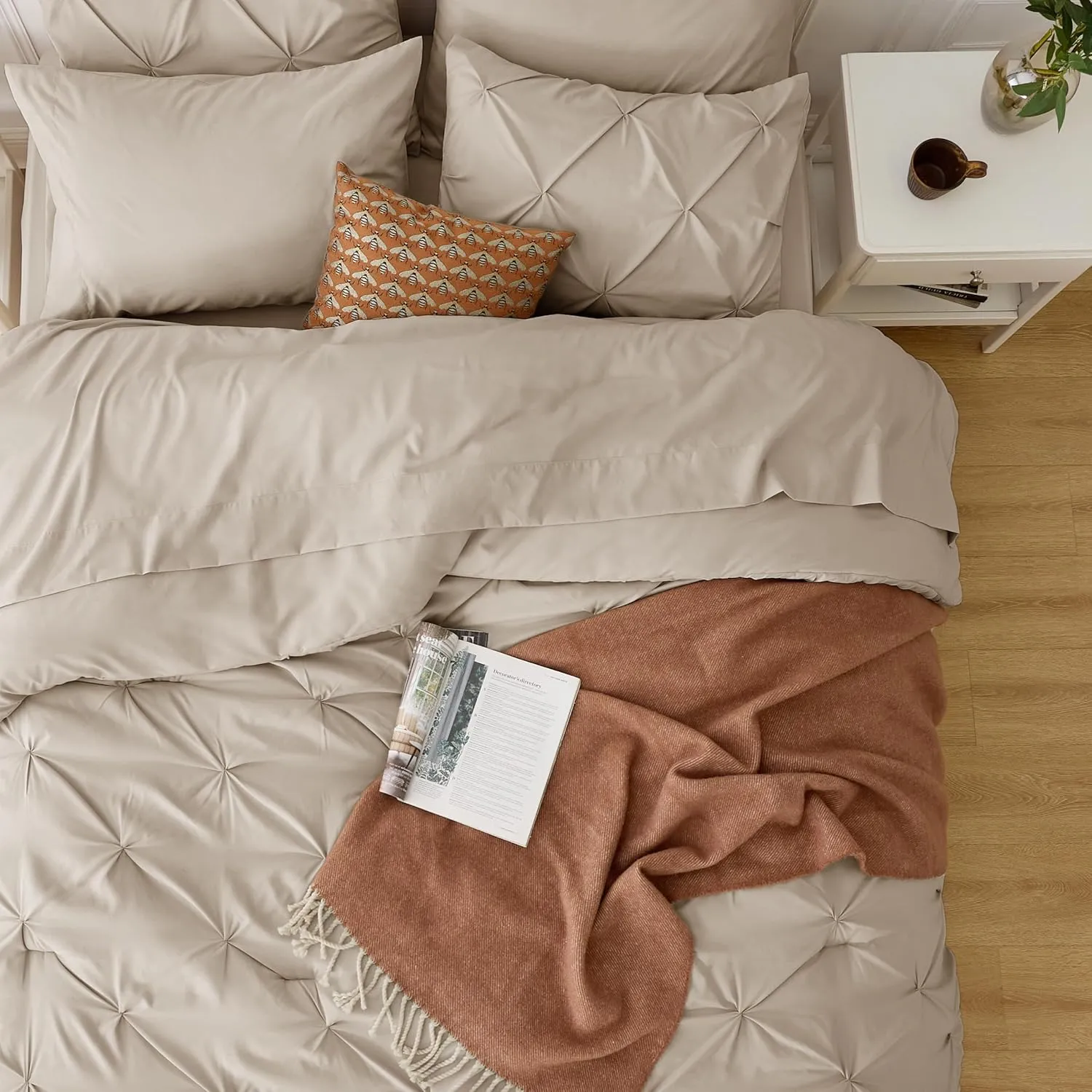 Bedsure Queen Comforter Set Beige - Bed in a Bag Queen Size 7 Pieces, GentleSoft™ Pintuck Bed Set Gift for Family, Pinch Pleat Beige Comforter with Sheets, Pillowcases & Shams