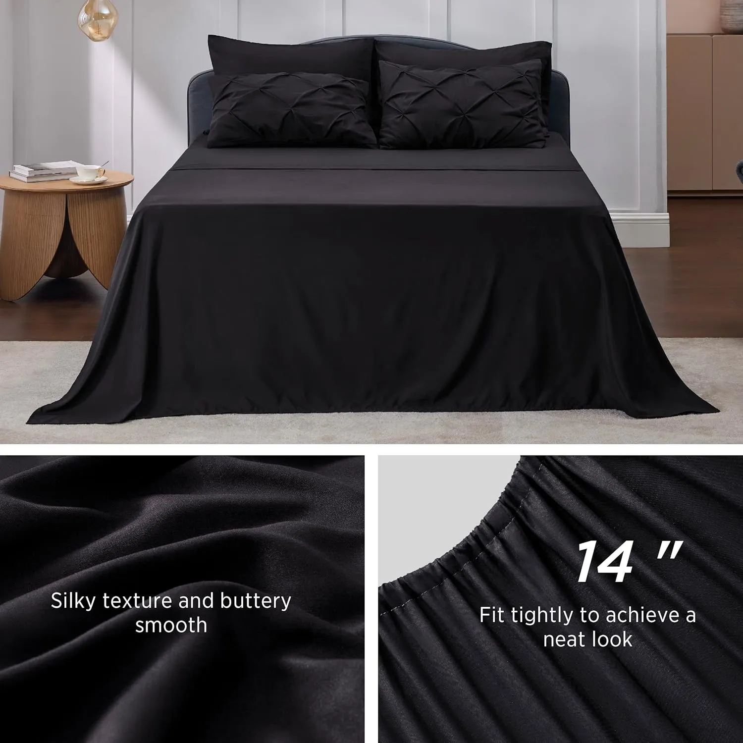 Bedsure Queen Comforter Set Black - Bed in a Bag Queen Size 7 Pieces, GentleSoft™ Pintuck Bed Set Gift for Family, Pinch Pleat Black Comforter with Sheets, Pillowcases & Shams