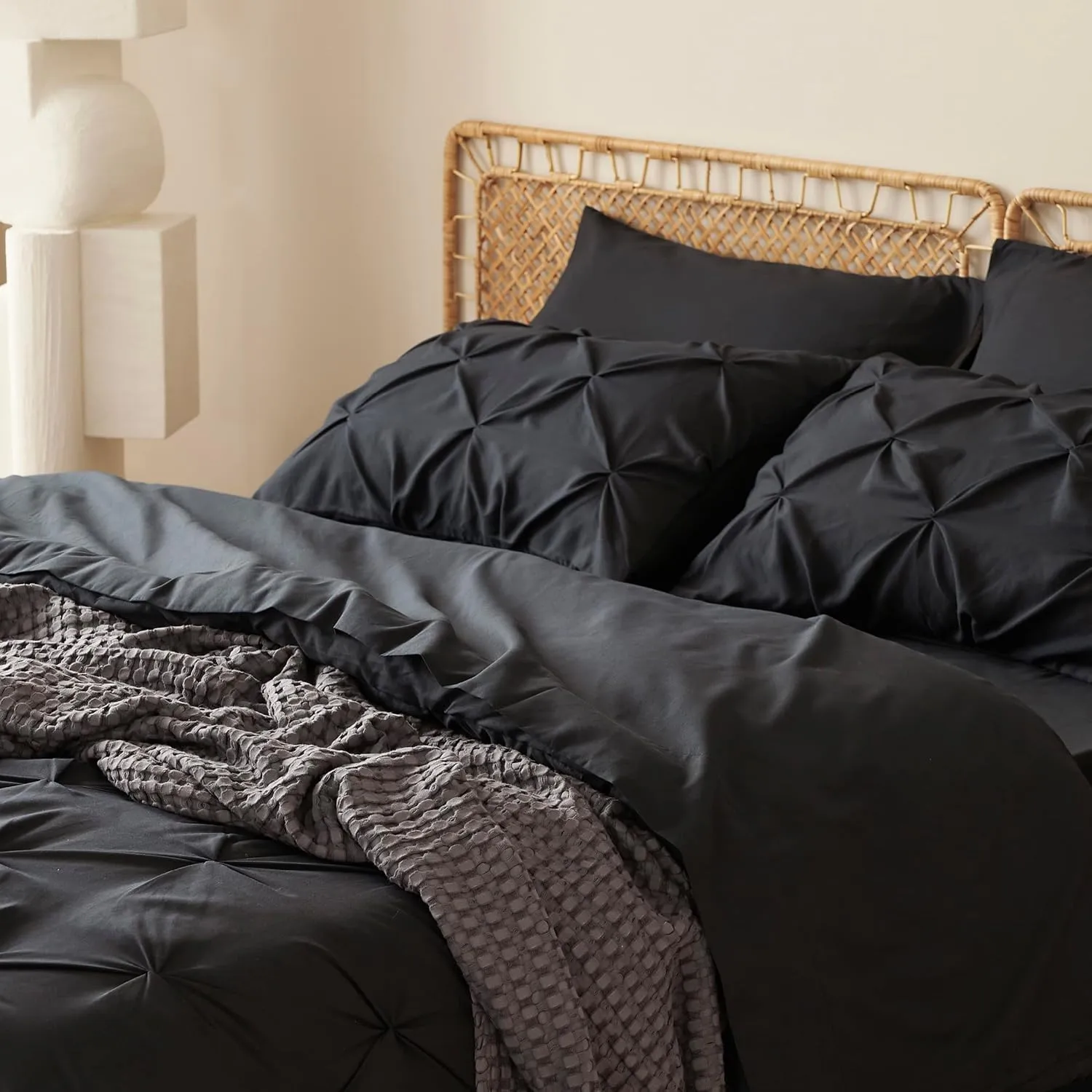 Bedsure Queen Comforter Set Black - Bed in a Bag Queen Size 7 Pieces, GentleSoft™ Pintuck Bed Set Gift for Family, Pinch Pleat Black Comforter with Sheets, Pillowcases & Shams