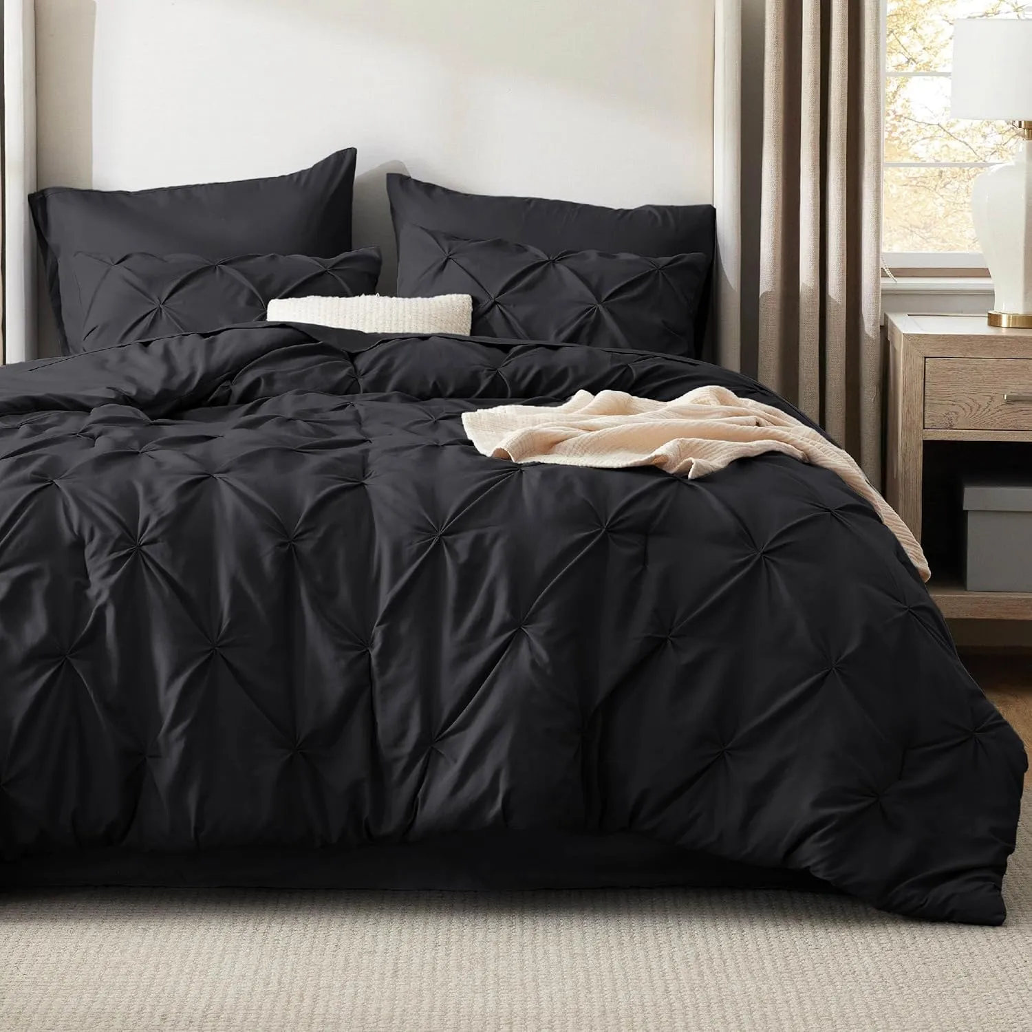 Bedsure Queen Comforter Set Black - Bed in a Bag Queen Size 7 Pieces, GentleSoft™ Pintuck Bed Set Gift for Family, Pinch Pleat Black Comforter with Sheets, Pillowcases & Shams